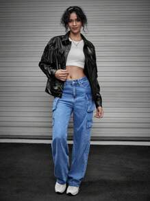 Manfinity Unisex Men 1pc Fringe Detail Drop Shoulder PU Leather Jacket