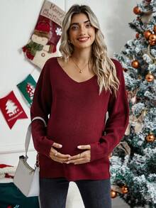 SHEIN Áo len trễ vai cổ chữ V dành cho bà bầu - Màu Đỏ Sâu - Xem 3