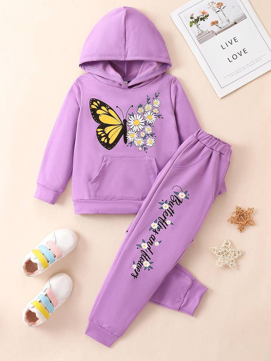 SHEIN 女小童花卉和蝴蝶圖案連帽衫和運動褲 - 紫色 - 查看 1