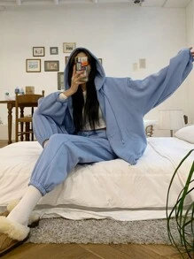 DAZY Của phụ nữ Màu thuần Thả vai Áo nỉ có mũ Với dây kéo - Màu xanh lam - Xem 7