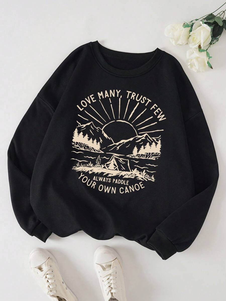 SHEIN EZwear 大碼山與標語圖案加絨內裏運動衫 - 黑色 - 查看 1