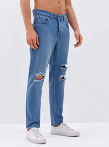 RueChic Men Ripped Straight Leg Jeans - Light Wash - View 4