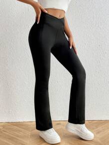 SHEIN PETITE Solid Phone Pocket Flare Leg Pants
