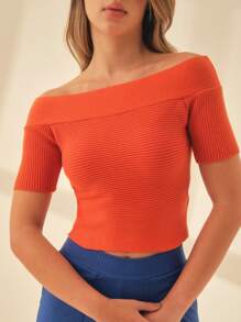 SHE(IN) BRASIL Off Shoulder Đồ đan Ribbed Áo - trái cam - Xem 4