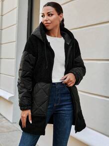 RueChic Zip Up Contrast Teddy Drawstring Hooded Puffer Coat - Black - View 5