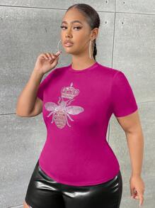 Slaydiva Yapay elmas Hayvan Gündelik Büyük Beden Tshirtler - Sıcak Pembe - Görünüm 4