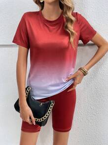 SHEIN LUNE Ombre Tee & Biker Shorts - Red - View 1