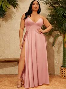 SHEIN SXY 大碼開衩大腿緞面吊帶洋裝 - 藕粉色 - 查看 5