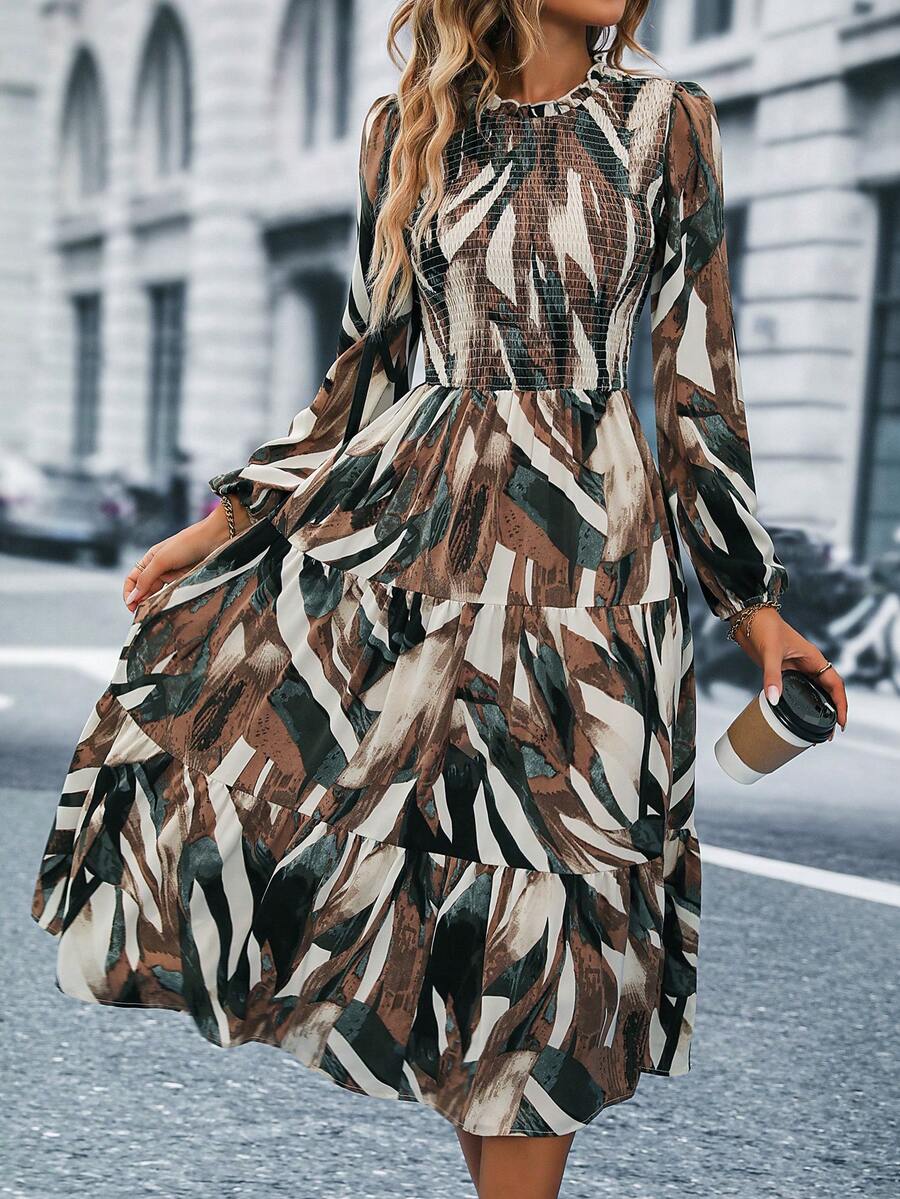 EMERY ROSE Vestido con estampado de manga farol bajo con fruncido - Multicolor - Ver 1