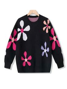 SHEIN LUNE Plus Floral Pattern Drop Shoulder Sweater - Multicolor - View 1