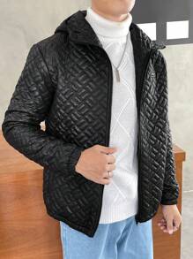 Manfinity VCAY Loose-Fit Men's Letter Patched Hooded Quilted Coat - Black - View 1