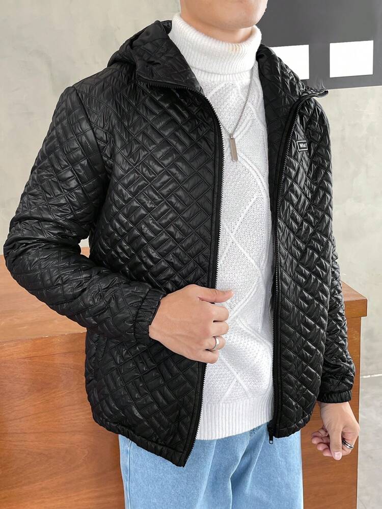Loose-Fit Men's Letter Patched Hooded Quilted Coat