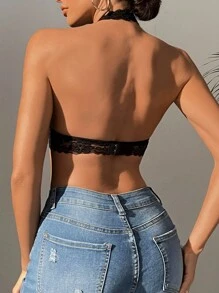 SHEIN 2 Packs Floral Lace Halter Bra Set Lingerie - Black and White - View 3