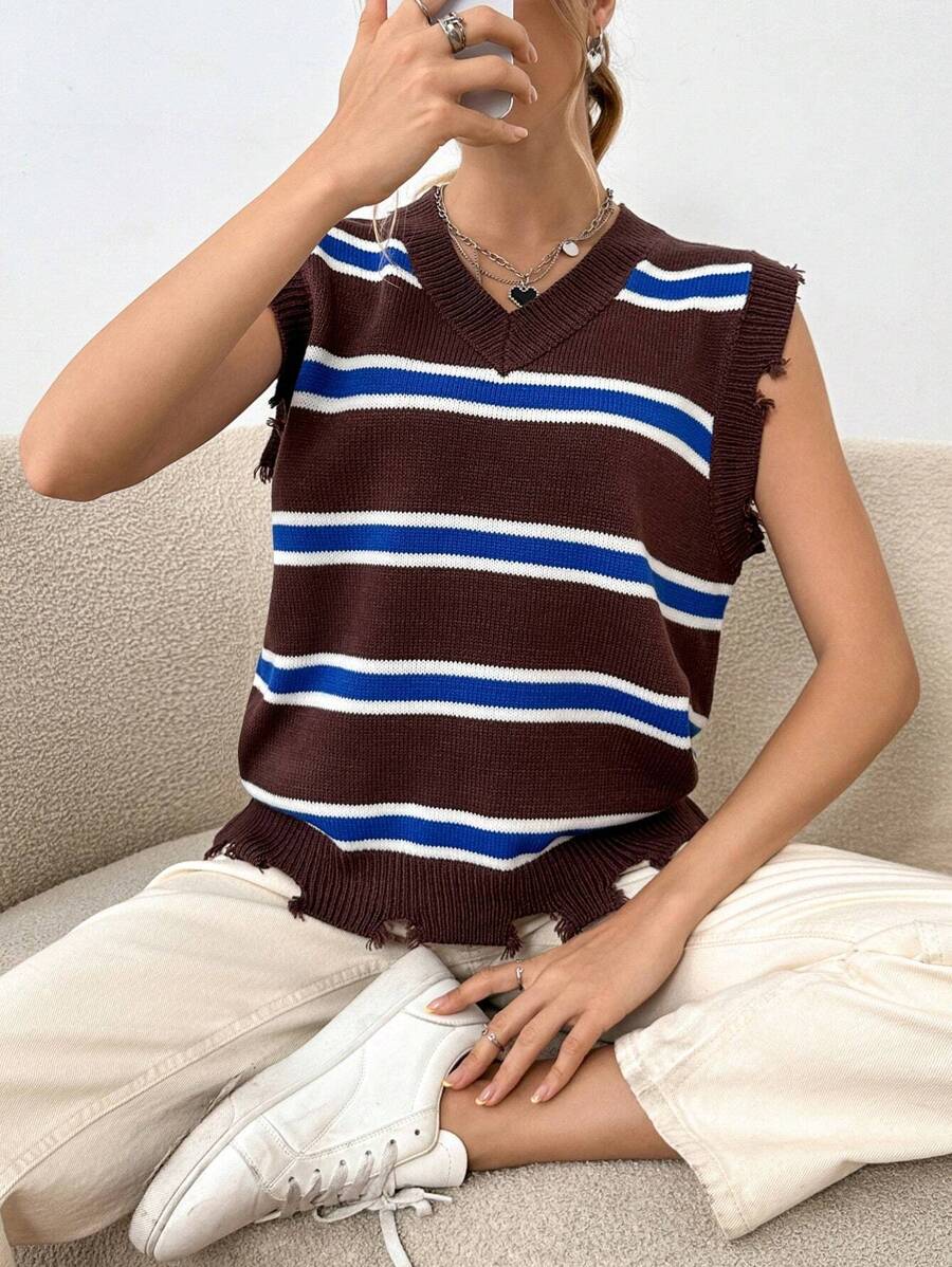 SHEIN Unity Striped Pattern Raw Trim Sweater Vest - Multicolor - View 1