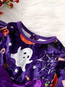 女嬰萬聖印花網紗拼接前蝴蝶結洋裝 - 紫羅蘭色 - 查看 3