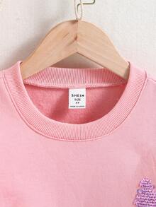 SHEIN Young Girl Contrast Star Sequin Sweatshirt - Pink - View 4