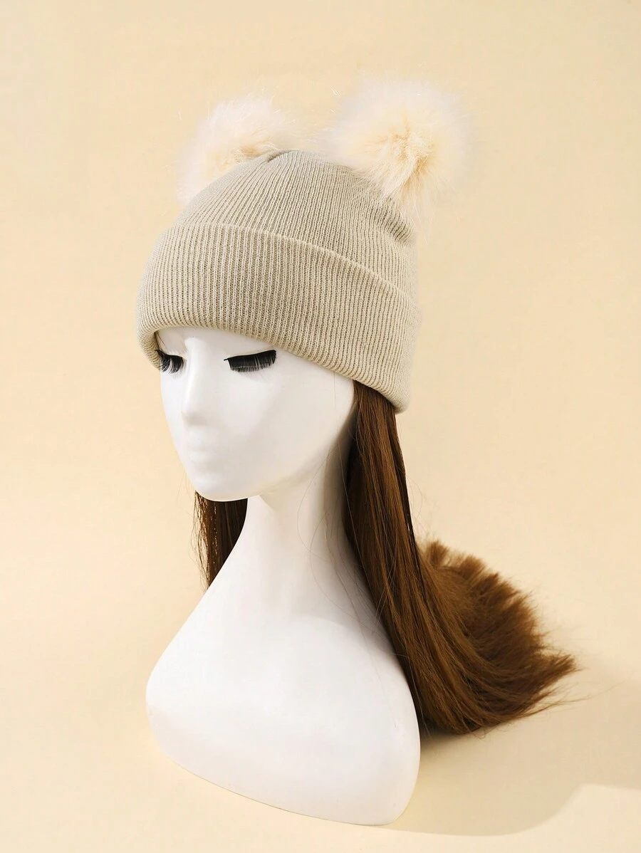 Double Pom Pom Knit Beanie Hat, Suitable For Winter Use - Beige - View 1