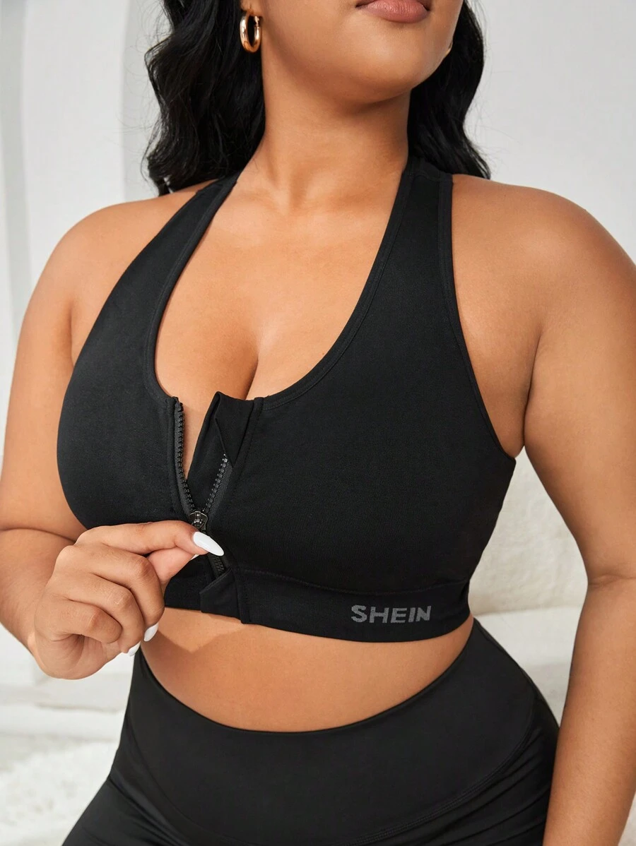 Yoga Basic Plus Letter Graphic Zip Up Sports Bra - Black - View 1