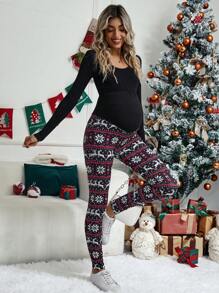 SHEIN Maternity Adjustable Waist Christmas Print Leggings - Multicolor - View 4