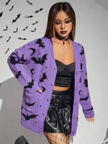 PUNK Halloween Bat Pattern Drop Shoulder Cardigan Fall Winter Cloth For Women - Purple - View 4
