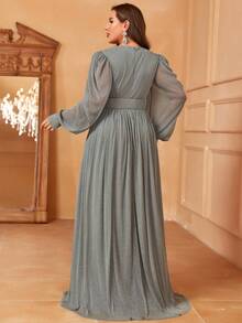 Plus Surplice Neck Lantern Sleeve Belted Party Dress - Grey - View 3