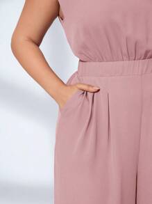 SHEIN Clasi Plus Solid Shoulder Padded Wide Leg Jumpsuit - Dusty Pink - View 5