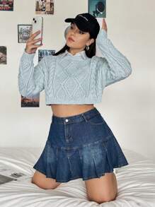 SHEIN EZwear 大碼1入組麻花編織落肩袖短款毛衣不附帶系帶 - 藍色 - 查看 5