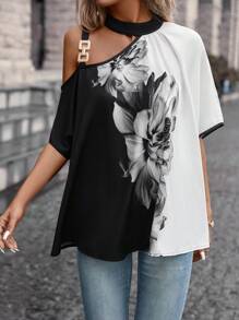SHEIN LUNE Blouse Imprimé Floral À Col Asymétrique Manches Chauve-Souris