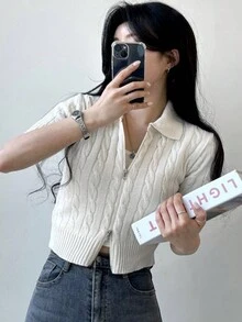 Áo khoác cardigan nữ tay ngắn trơn, kiểu dáng thường ngày, có khóa kéo đôi, màu trắng mùa hè. - trắng - Xem 3