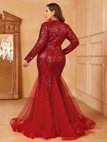 Faeriesty Plus Mesh Panel Sequin Party Dress - Red - View 3