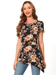 Thai sản In hoa Điều dưỡng Chi tiết Viền không đối xứng Điều dưỡng Áo thun - Nhiều màu - Xem 3