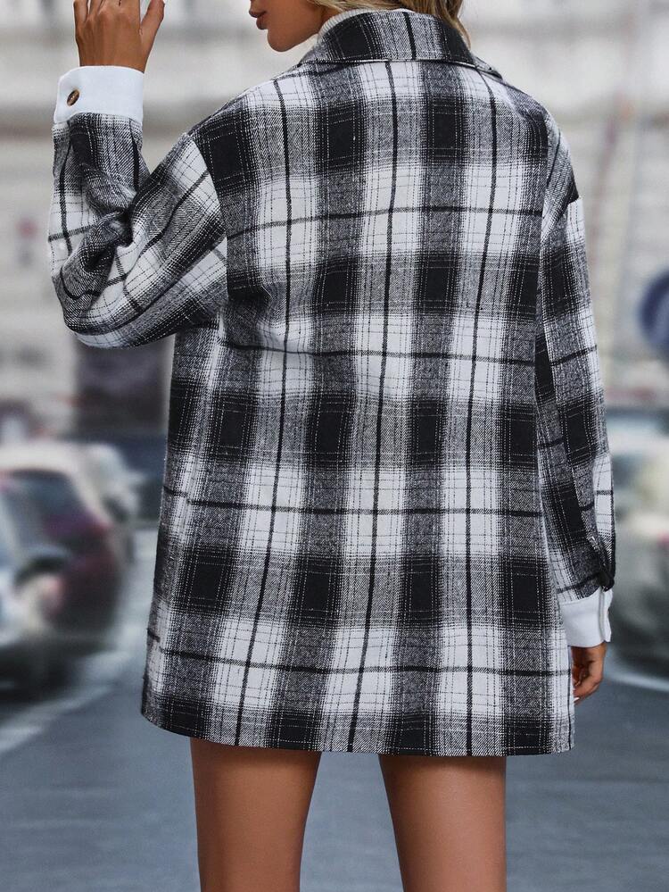 Plaid Print Drop Shoulder Flap Pocket Coat