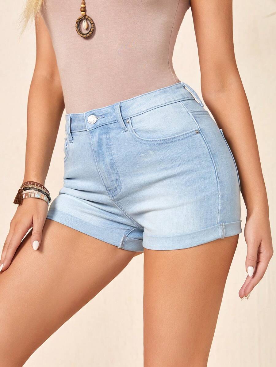 SHEIN Roll Up Hem Denim Shorts - Light Wash - View 1