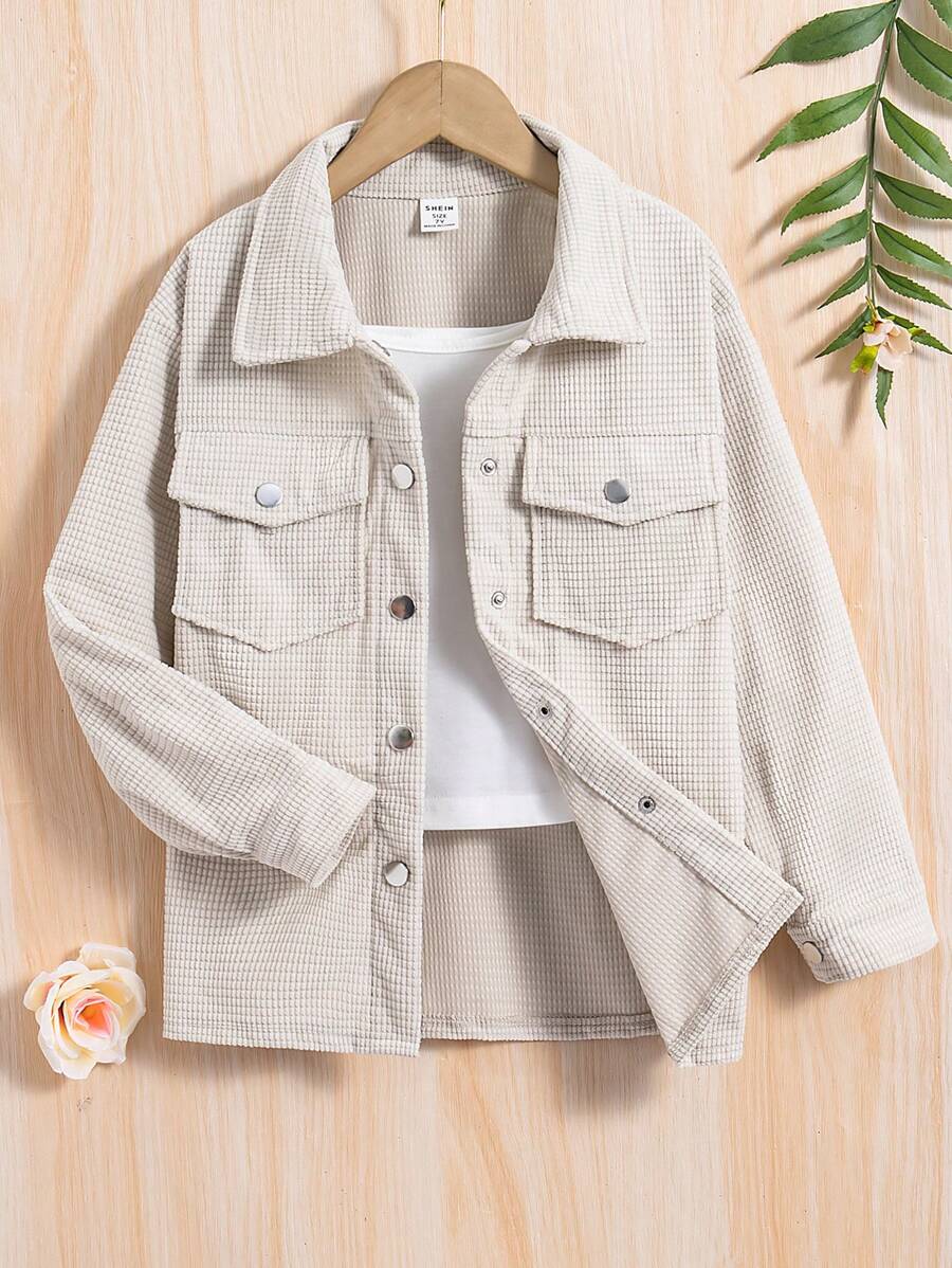 SHEIN Young Girl Flap Pocket Button Front Jacket - Apricot - View 1