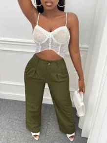 Slaydiva Pantalon Droit Unicolore À Poche - Vert - Voir 3