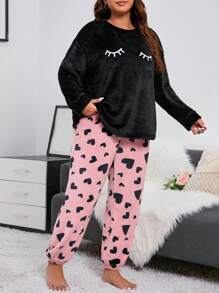 Conjunto de sudadera con cuello redondo de felpa gruesa bordada y pantalón de pijama con estampado de corazón de talla grande