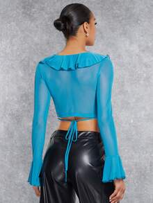 SHEIN BAE 荷葉邊喇叭袖前繫帶短款網紗上衣 - 藍色 - 查看 2