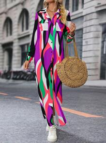 SHEIN LUNE Allover Print Button Front Shirt Dress - Multicolor - View 3