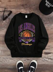 SHEIN Leap Crew Tween Boy Basketball & Letter Graphic Sweatshirt - Black - View 1