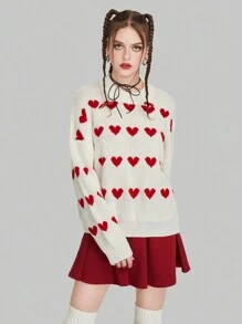 ROMWE Kawaii Heart Pattern Drop Shoulder Sweater,Long Sleeve Tops - Beige - View 4