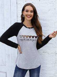 INAWLY 心形和标语图案插肩袖T恤 图案T恤 女式上衣 女式秋季服装 - 淺灰色 - 查看 3