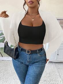 Calvaya 大码女式纯色针织休闲宽松舒适短款开衫，秋冬 - 白色 - 查看 3