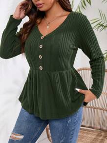 INAWLY Talla grande Camiseta con botón delantero peplum - Verde militar - Ver 8