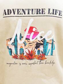 SHEIN EZwear Plus Size Slogan Graphic Drop Shoulder Sweatshirt - Khaki - View 2