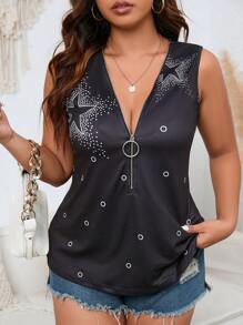 SHEIN LUNE Hơn In Sao Một nửa khóa kéo Áo ba lỗ - màu đen - Xem 1