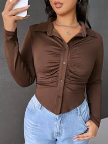 SHEIN EZwear Plus Ruched Button Front Tee - Chocolate Brown - View 3