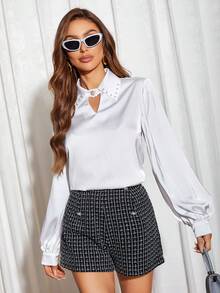 SHEIN Privé Áo sơ mi tay đèn lồng chi tiết ngọc trai - trắng - Xem 6