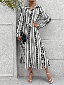 SHEIN LUNE Geo Print Belted Shirt Dress - Black and White - View 1