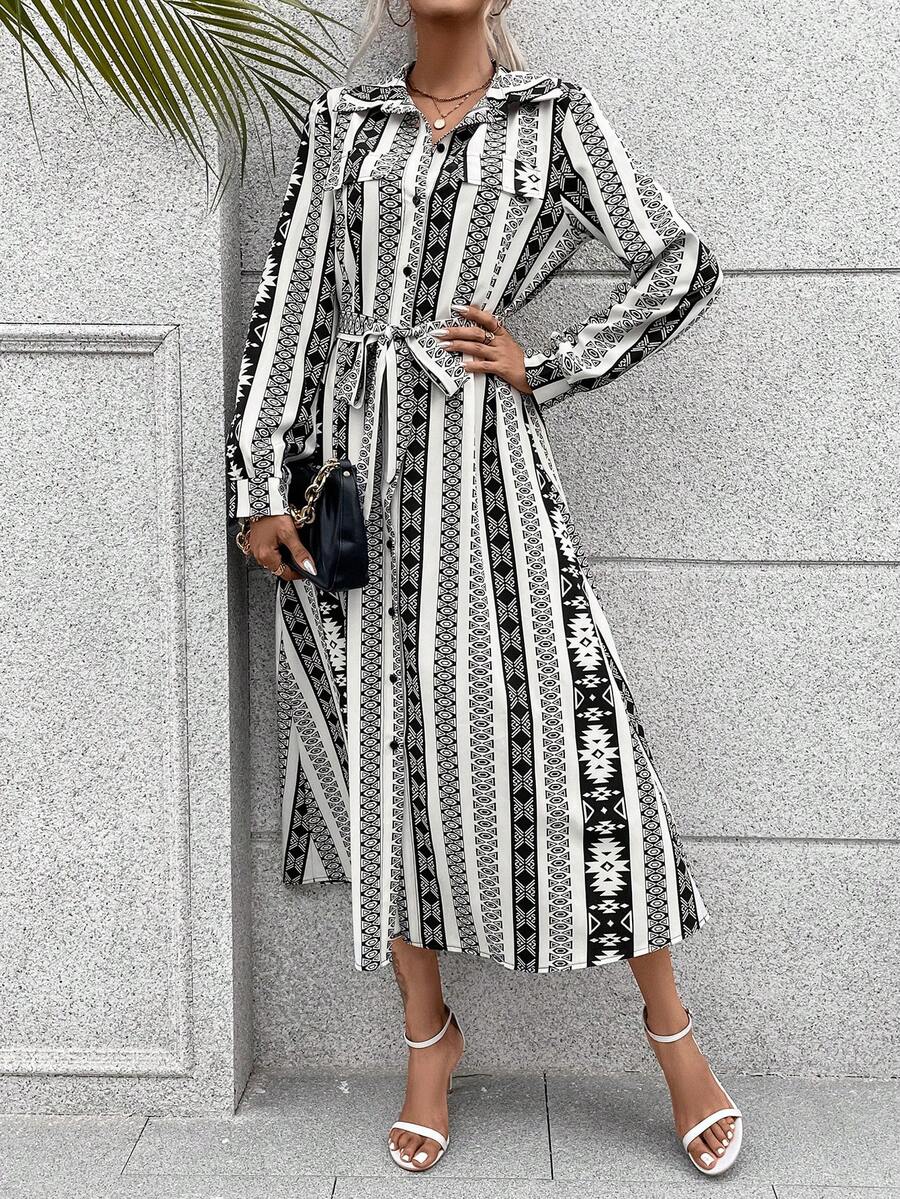 SHEIN LUNE Geo Print Belted Shirt Dress - Black and White - View 1