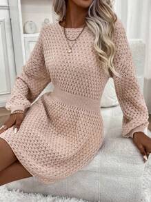 SHEIN LUNE Chất rắn Thả vai Đầm Áo len Không có thắt lưng - Màu Khaki - Xem 5